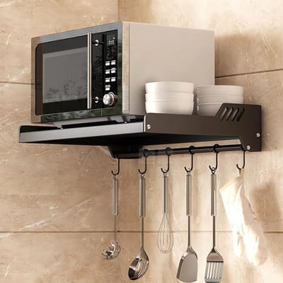 Verte Microwave Rack - Magnetronrek voor aan de Muur voor in de Keuken - Wandrek voor Magnetron - Roestvrij Staal - Zwarte Magnetronhouder met 6 Haken - Bevestiging met Plakstrip of Boorbevestiging