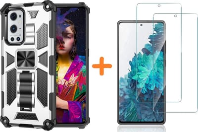 Hoesje Geschikt Voor Samsung Galaxy A51 Hoesje Military Grade Invisible Built-in Kickstand - Galaxy A51 Metal Plate, Anti-Scratch Shockproof Zliver - Screenprotector Galaxy A51-2 Pack