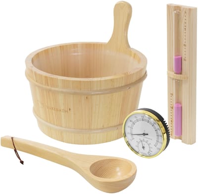 4-delige sauna-accessoireset van massief dennenhout, 4,5 liter opgietemmer & opscheplepel, thermometer-hygrometer & 15min. LuxeBad zandloper