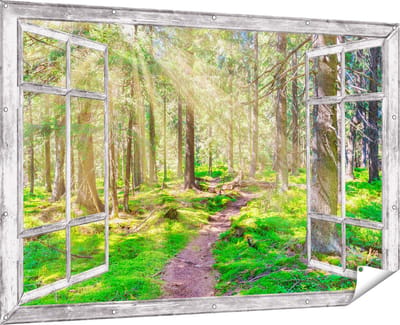 Gards Tuinposter Doorkijk Pad in Bos met Zon tussen de Bomen - 180x120 cm - Tuindoek - Tuindecoratie - Wanddecoratie buiten - Tuinschilderij