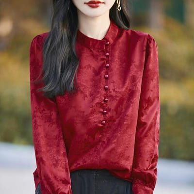 Shirt in Chinese stijl voor dames, lente nieuwe stijl, kleine opstaande kraag, high-end top met lange mouwen, retro shirt, shirt M