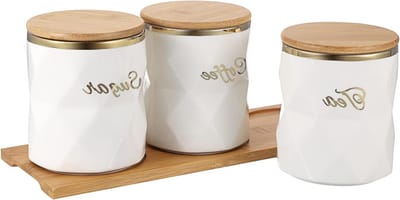 Witte Keramische Suiker, Koffie en Thee Opbergpotten met Deksel en Dienblad - Luchtdichte Set van 3 Voedselopslagcontainers voor Keuken en Eetkamer