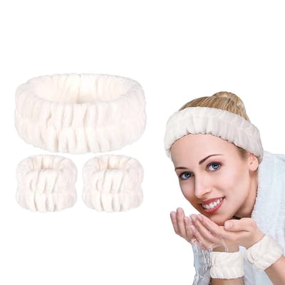 Consumerce® 2 Skincare Wasbandjes en Hoofdband - Wit - Zweetband - Polsband - Polsbandje - Polsbandjes - Zweetbandjes - Festival - Voor Volwassenen en Kind - Skincare - Make Up - Scrunchie - Scrunchies