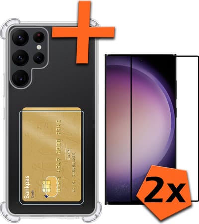 Hoes - Geschikt voor Samsung Galaxy S23 Ultra - Met 2x Screenprotector - Pashouder - Kaarthouder - Telefoon Hoesje Shockproof - Siliconen Case - Back Cover - Shock Proof - Pasjes Houder - Transparant