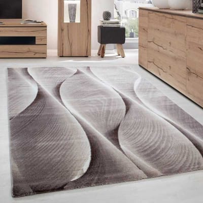 Modern woonkamerkleed met golfpatroon, houttinten, bruin, beige en crème. 80x300 cm