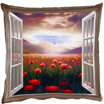 Sierkussens - Kussentjes Woonkamer - 50x50 cm - Doorkijk - Klaprozen - Bloemen - Rood - Open raam