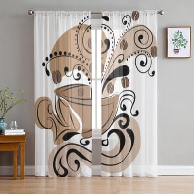 Kunst Koffiekop Donut Transparant Gordijn Voor Woonkamer Slaapkamer Keuken Modern Tule Raambekleding Huisdecoratie 135W x 114H(cm)