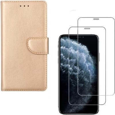 Bookcase Geschikt voor: iPhone X / XS - goud - Portemonnee hoesje + 2X Tempered Glass Screenprotector