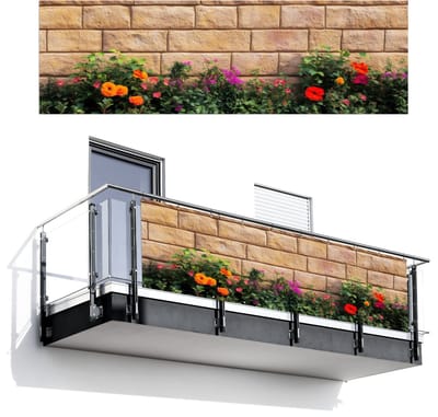 Balkonscherm 300x95 cm - Balkonposter Bloemen - Bakstenen - Kleurrijk - Balkon scherm decoratie - Balkonschermen - Balkondoek zonnescherm