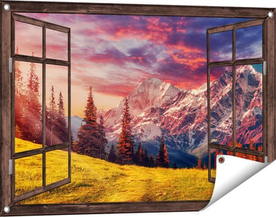 Gards Tuinposter Doorkijk Alpen Landschap met een Kleurrijke Hemel - 90x60 cm - Tuindoek - Tuindecoratie - Wanddecoratie buiten - Tuinschilderij