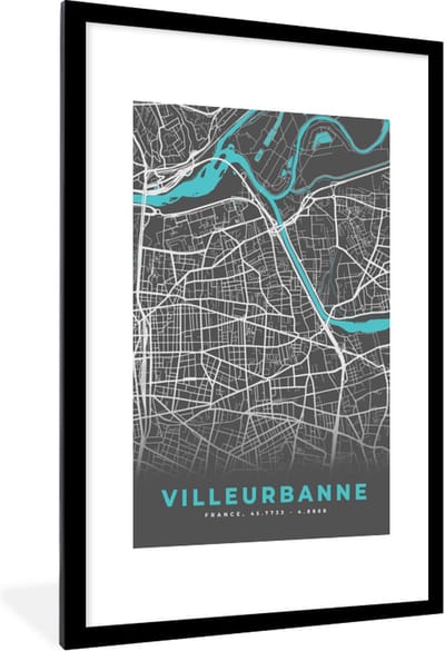 Fotolijst incl. Poster - Villeurbanne - Stadskaart - Kaart - Plattegrond - Frankrijk - 80x120 cm - Posterlijst