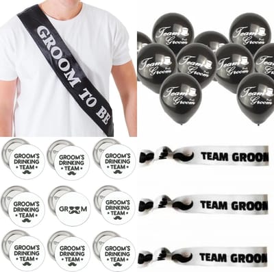 Vrijgezellenfeest set Groom to Be met buttons, sjerp, armbanden en ballonnen 28-delig - groom to be - vrijgezellenfeest - bruidegom - huwelijk - trouwen