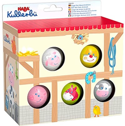 Boerderijdieren Knikker set - Houten ballen - Knikkerbaan spelen - Schattige dierengezichten - 5 stuks - Meerkleurig