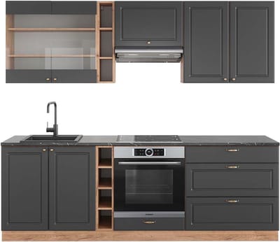 Vicco Fame-Line Complete keukeneenheid – 235 cm, WB Antraciet Antraciet Landhuis/Goud Kraft Eik