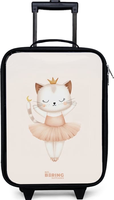 NoBoringSuitcases.com® - Kinderkoffer jongen - Kindertrolley meisje - Ballerina kitten in beige kleuren - Koffer kind lichtgewicht - Reiskoffer trolley voor kinderen - Koffertje met lichtgevende wieltjes - Rolkoffer zwart