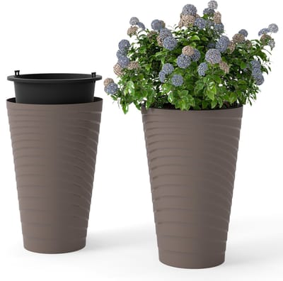 COSTWAY Plantenbakken met binnenpot, 45 cm hoog, ronde plantenbakken, weerbestendig, bloempotten met afwateringsgaten, PP, bloempot voor tuin, terras, achtertuin, balkon, grijs, 2 stuks