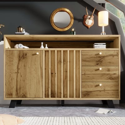 MODFU Opbergkast 120x40x85 cm van hout, met deuren en 3 laden, donker eiken