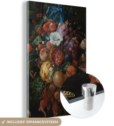 MuchoWow® Glasschilderij 120x180 cm - Schilderij acrylglas - Festoen van vruchten en bloemen - Schilderij van Jan Davidsz. de Heem - Foto op glas - Schilderijen