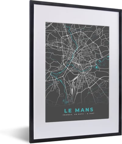 Fotolijst incl. Poster - Le Mans - Plattegrond - Kaart - Stadskaart - Frankrijk - 30x40 cm - Posterlijst