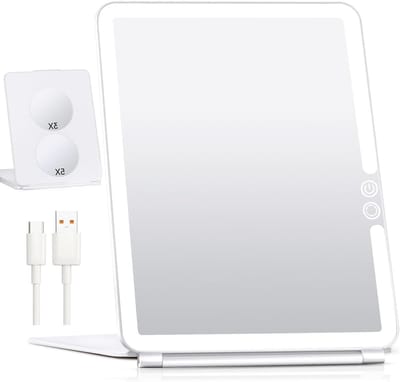 Grote Reis Make-up Spiegel met Verlichting en Vergroting 5X 3X, Oplaadbaar 1800mAh, Vouwbare Draagbare Spiegel met 3 Kleuren Licht, Perfect Cadeau voor Vrouw of Dochter