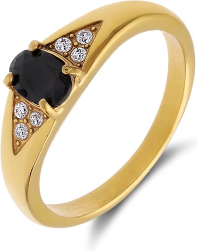 Lucardi Dames vintage ring met zwarte zirkonia – Maat 57 – 18mm - Ring - Cadeau - Staal goldplated - Goudkleurig