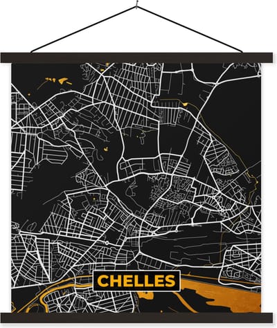 Posterhanger incl. Poster 60x60 cm - Schoolplaat - Kaart – Stadskaart – Chelles - Plattegrond – Frankrijk - Textielposter - Zwarte latten - Stadskaart