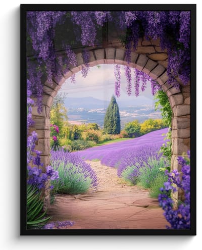 Poster in lijst - Fotolijst 50x70 cm - Posters - Doorkijk - Lavendel - Bloemen - Paars - Poort - Posterlijst zwart - Decoratie - Wanddecoratie woonkamer - Muurdecoratie slaapkamer