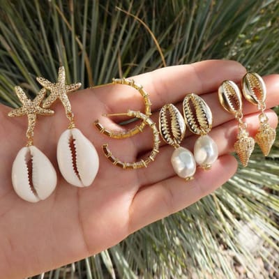 Bohemian Schelp Zeester Hanger Oorbellen set Voor Vrouwen Zomer Strand Parel Schelp Drop Geometrische Oorbellen Meisjes Mode Sieraden brown