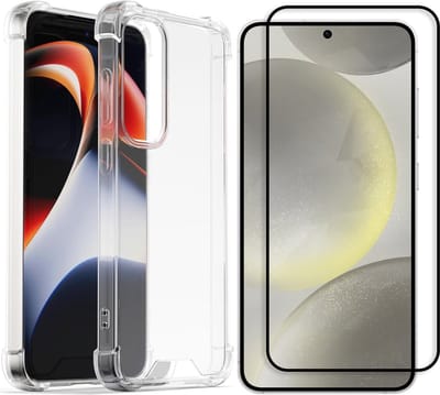 Casemania Hoesje + Full Glas Geschikt voor Samsung Galaxy S25 - Transparant - Anti Shock Back Cover + Tempered Glazen Screenprotector