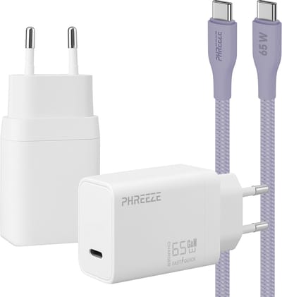 Phreeze usb C oplader 65w met usb C naar usb C kabel paars - Power adapter - PPS fast charger voor telefoon en laptop