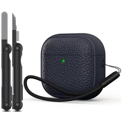 Blauw hoesje voor oordopjes unisex met textuur en draagkoord geschikt voor AirPods 4 inclusief reinigingsset en TPU beschermhoes