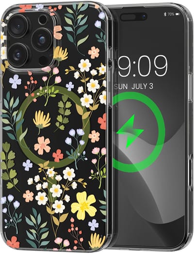 kwmobile Kristalheldere hardcase compatibel met Apple iPhone 16 Pro Max Hoesje – compatibel met MagSafe – Acryl hoesje met TPU-rand – Charmante bloemen design