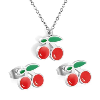 WeLoveSilver - ketting en oorstekers - chirurgisch staal - kersen - 6 cm