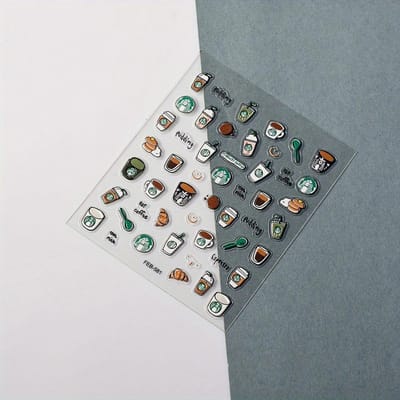 5D Ruwe Kokos Latte Koffie Embossed Nagellak Stickers - Herbruikbare, Zelfklevende Decals met Speelse Cartoon Designs voor Stijlvolle Manicures gray