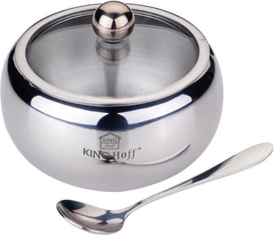 Kinghoff Roestvrijstalen Suikerpot - 460 ml met Glazen Deksel en Lepel - Satijn Afwerking