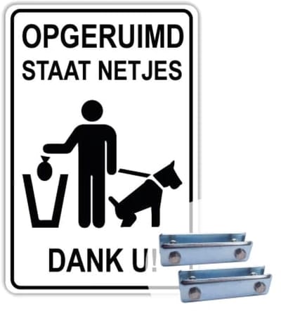 Bord opgeruimd staat netjes - Weerbestendig Aluminium - 40x60 cm - Bevestiging: Met hekbeugels (voor spijlen- of gaashek)