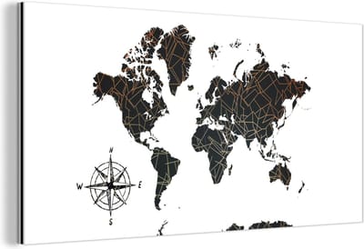 Wanddecoratie Metaal - Aluminium Schilderij Industrieel - Wereldkaart - Windroos - Goud - Design - 120x60 cm - Dibond - Foto op aluminium - Industriële muurdecoratie - Voor de woonkamer/slaapkamer