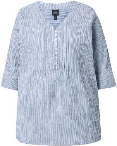 Ulla Popken - Dames - Tuniek strepen biesjes bubble-structuur 3/4-mouwen - Marine - Maat 62+