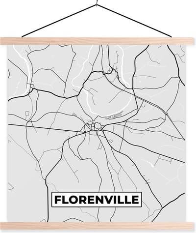 Posterhanger incl. Poster 40x40 cm - Schoolplaat - Plattegrond – Florenville – Zwart Wit – Stadskaart - Kaart - Textielposter - Blanke latten - Stadskaart