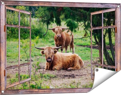 Gards Tuinposter Doorkijk Twee Schotse Hooglanders in de Bossen - 90x60 cm - Tuindoek - Tuindecoratie - Wanddecoratie buiten - Tuinschilderij