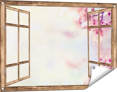 Gards Tuinposter Doorkijk Roze Bloesemboom met Zonneschijn - 90x60 cm - Tuindoek - Tuindecoratie - Wanddecoratie buiten - Tuinschilderij