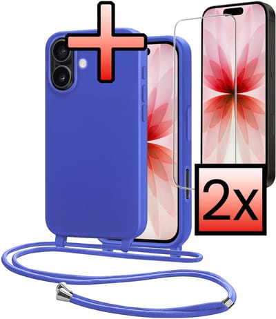 Hoes Geschikt voor iPhone 17 Met Telefoonkoord Met 2x Screenprotector - Siliconen Hoesje Backcover Met Ketting - Felblauw