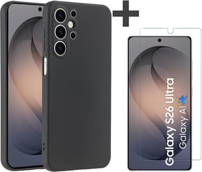 Hoesje geschikt voor Samsung Galaxy S26 Ultra hoesje zacht siliconen met gehard glas Screenprotector- Arara backcover - Zwart