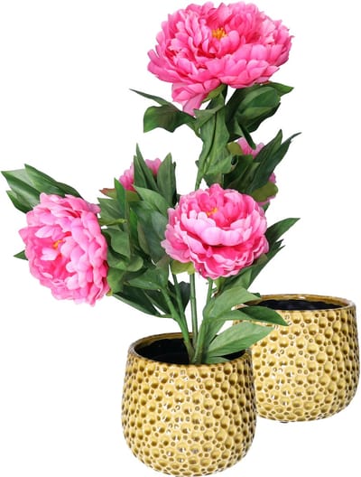 Mega Collections Plantenpot/bloempot Pebblo - 2x - keramiek/geglazuurd - geel - druppels - D17 x H15 cm
