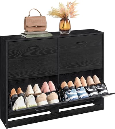 Conway Living® - Schoenenkast – voor 28 paar Schoenen - Schoenenrek met 4 inklapbare lades – 24 x 83 x 106 cm - Hout - Zwart
