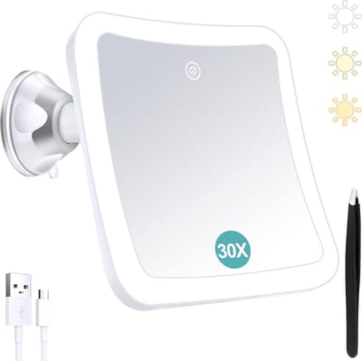 Famanu – Verlichte oplaadbare vergrotingsspiegel, 30x, touchbediening, draaifunctie, compact, draagbaar, make-up, detailwerk