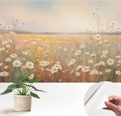 Wallfluent Zelfklevend Behang - Bloemenweide Zelfklevend fotobehang - 152x104 cm - Wit Zelfklevend Behang - Herpositioneerbaar - Voor de slaapkamer, woonkamer en hal Zelfklevend Behang