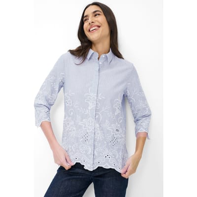 Katoenen blouse met strepen en bloemetjesborduursel - blauw / wit / gestr. - Gr. 40 van Goldner Fashion