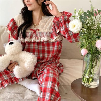 Losse Casual Koppel Pyjama's Zoet Kant Vintage Rood Ruit Dik Nachtkleding Herfst Winter Prinsessenstijl Kerst Huiskleding One Size gray