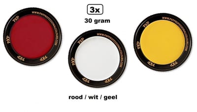 3x Set PXP Professional Colours schmink rood/wit/geel 30 gram - Schminken verjaardag feest festival thema feest